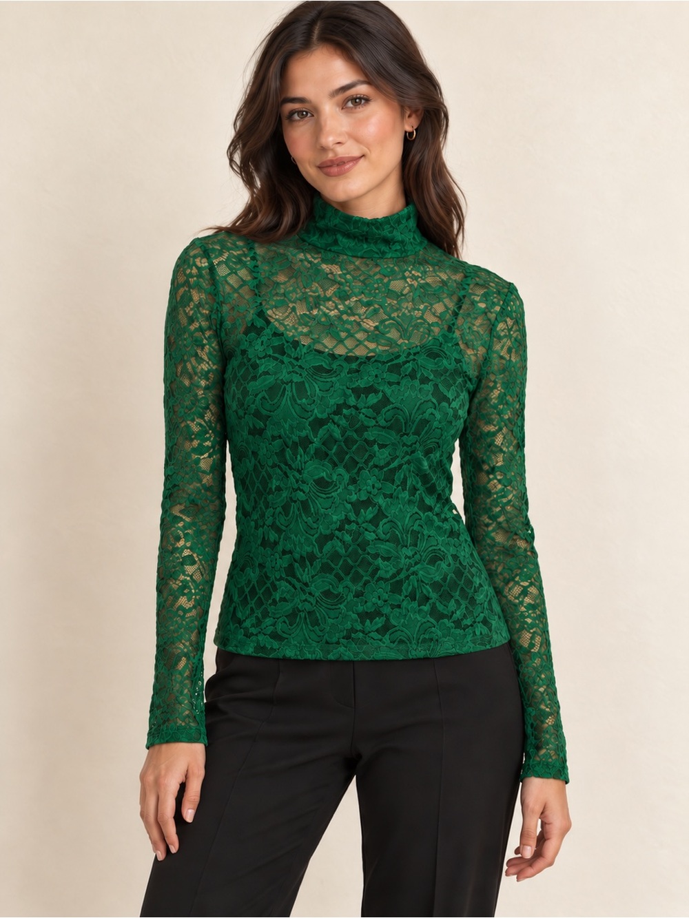 AFRM Green Floral Lace Mock Neck Long Sleeve Top M NWT
